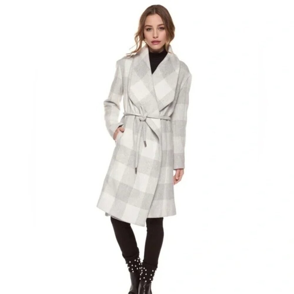 BNWT Dex, size M, Stylish Gray/ Ivory Tartan Plaid Wrap Coat. Belted, Wool blend